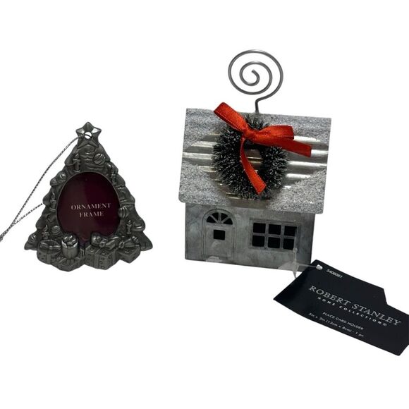 Silver and Red Metal Christmas Holiday Ornament Set - Picture 1 of 7